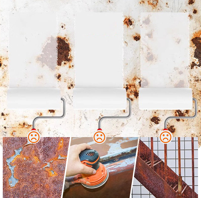Collage of rust removal tools and rusty metal surfaces with a white roller.