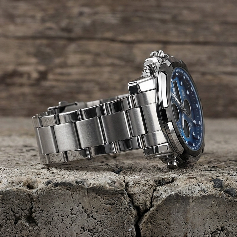 Silver watch with a blue face on a stone surface