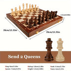 Wooden chess set with pieces and dimensions on a white background