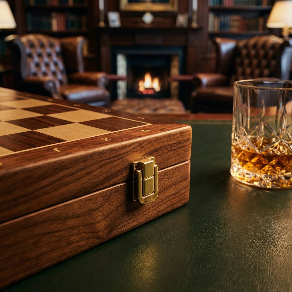 Wooden chess box on a table with a glass of whiskey in a cozy room with leather chairs and a fireplace.