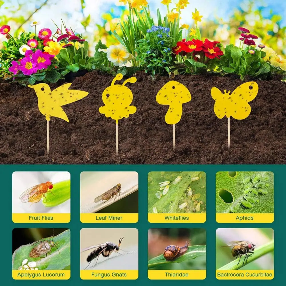 Garden markers shaped like a bird, bee, mushroom, and butterfly with images of pests below on a garden background.