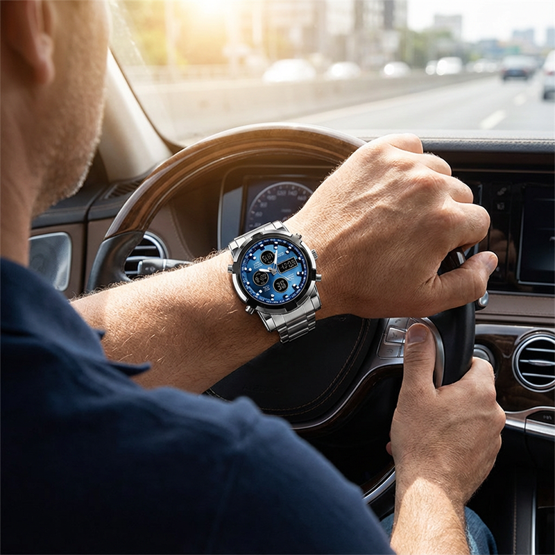 Man driving a car with a blue watch on his wrist