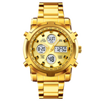 Gold digital watch with multiple display options on a white background