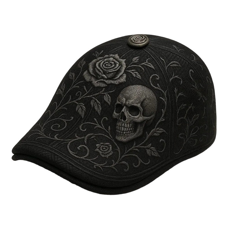 Black cap with skull and rose design on a white background