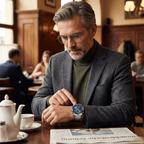 Man in a cafe looking at his watch, with a newspaper and teacup on the table.