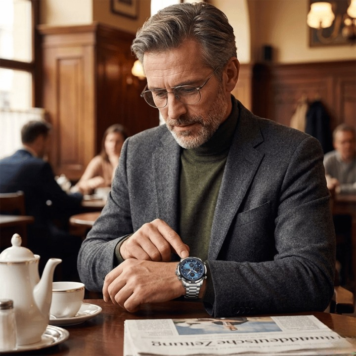 Man in a cafe looking at his watch, with a newspaper and teacup on the table.