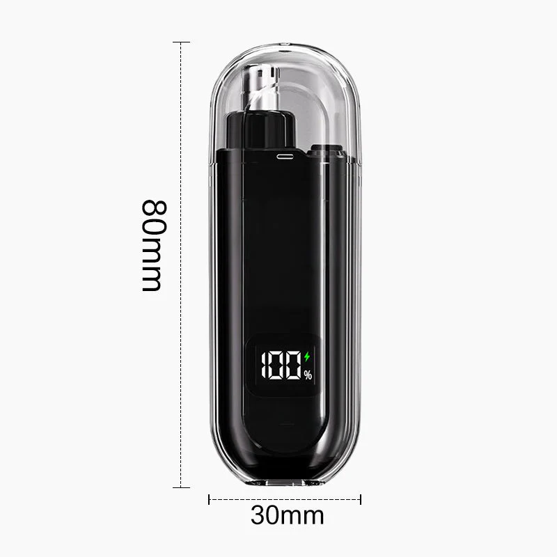 Black electronic device with digital display and dimensions labeled on a white background
