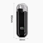 Black electronic device with digital display and dimensions labeled on a white background