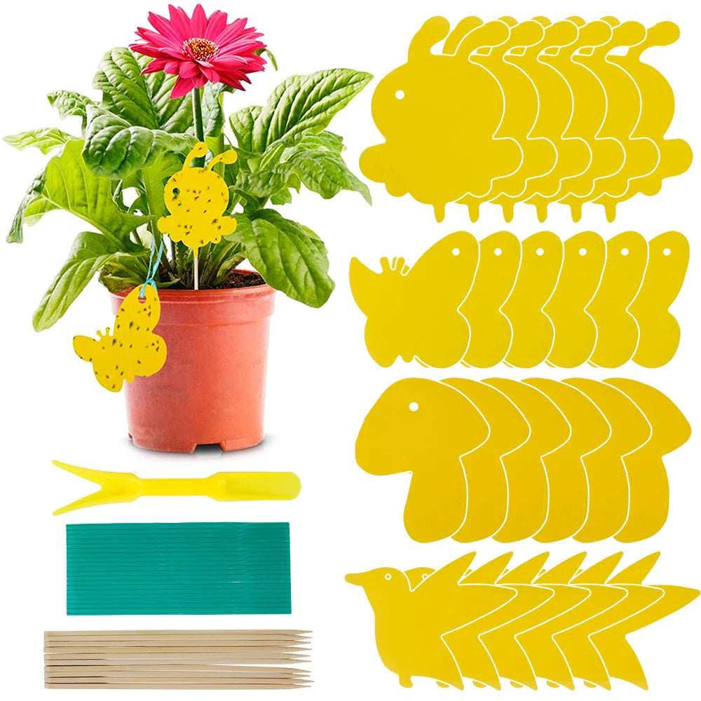 Set of yellow plant markers with a potted plant and tools on a white background