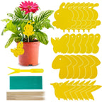 Set of yellow plant markers with a potted plant and tools on a white background