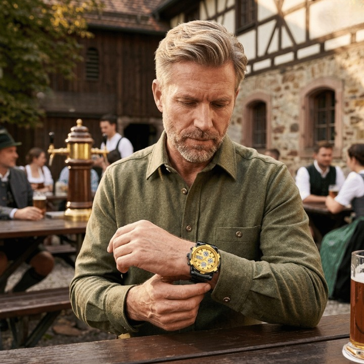 Man in a green shirt looking at his watch in an outdoor setting with people and buildings in the background.