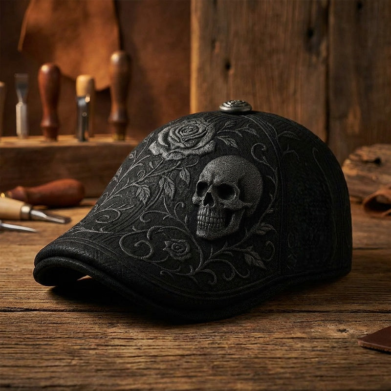 Men's Newsboy Cap with Skull Embroidery | Gothic Flat Cap with Rose & Cross