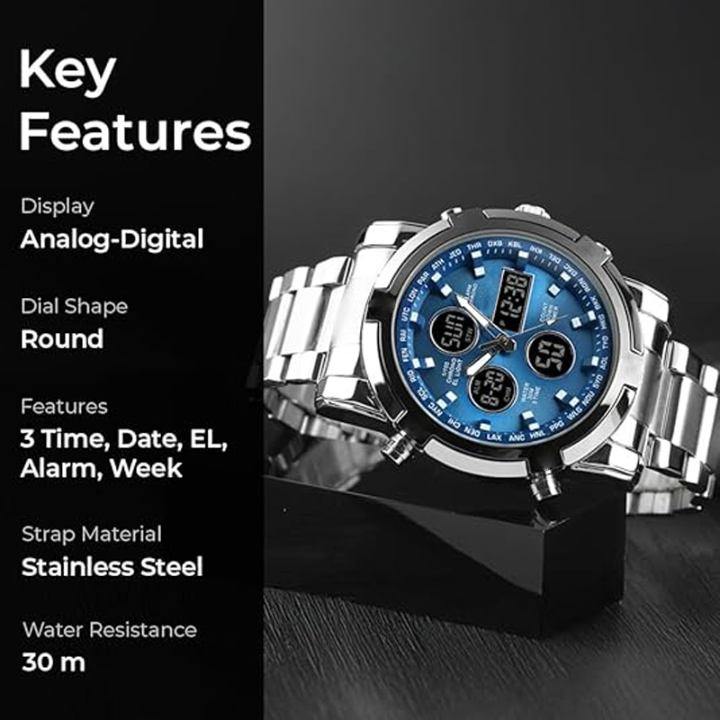 Stainless steel watch with blue digital display on a black background