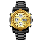 Gold and black watch with digital display on a white background