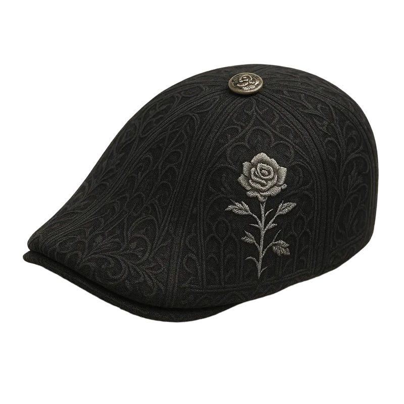 Men's Newsboy Cap with Skull Embroidery | Gothic Flat Cap with Rose & Cross