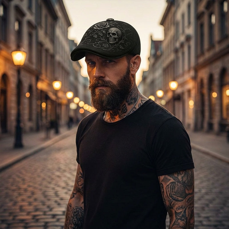 Men's Newsboy Cap with Skull Embroidery | Gothic Flat Cap with Rose & Cross