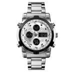 Silver wristwatch with digital and analog display on a white background