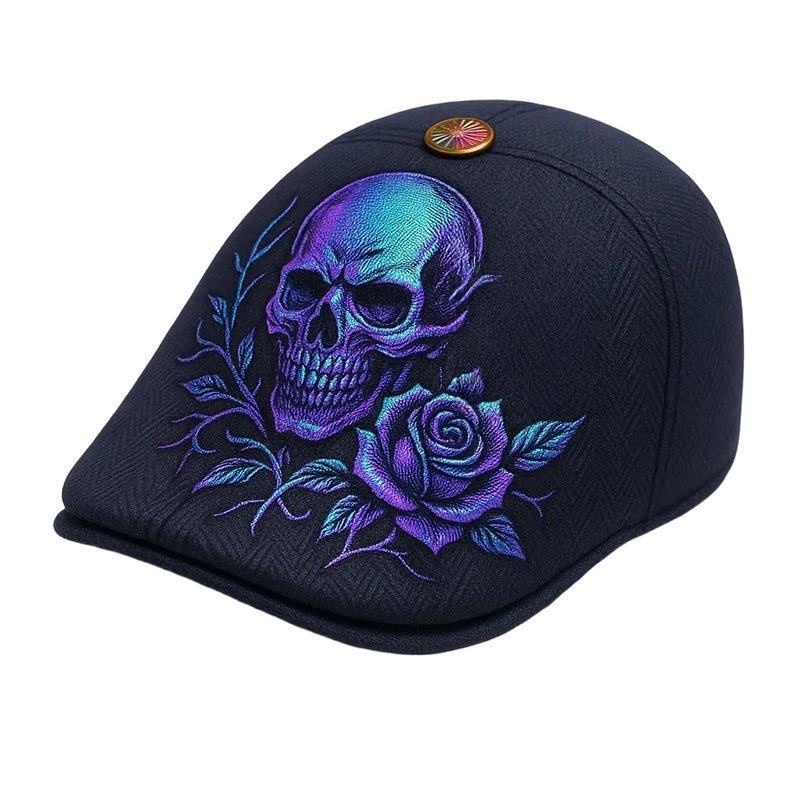 Men's Newsboy Cap with Skull Embroidery | Gothic Flat Cap with Rose & Cross
