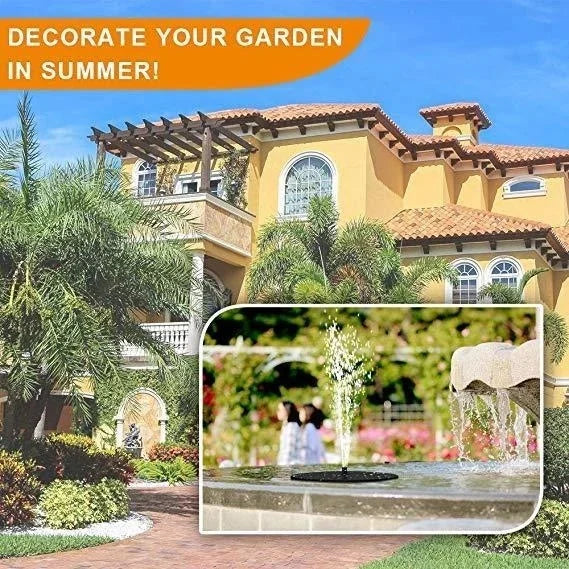 Decorative garden fountain with text 'Decorate Your Garden in Summer' over a scenic background of a house and garden.