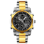 Gold and silver watch with digital display on a white background