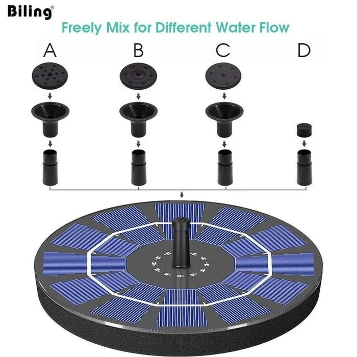 Solar-powered water pump with interchangeable nozzles labeled A, B, C, and D on a white background.