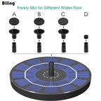 Solar-powered water pump with interchangeable nozzles labeled A, B, C, and D on a white background.
