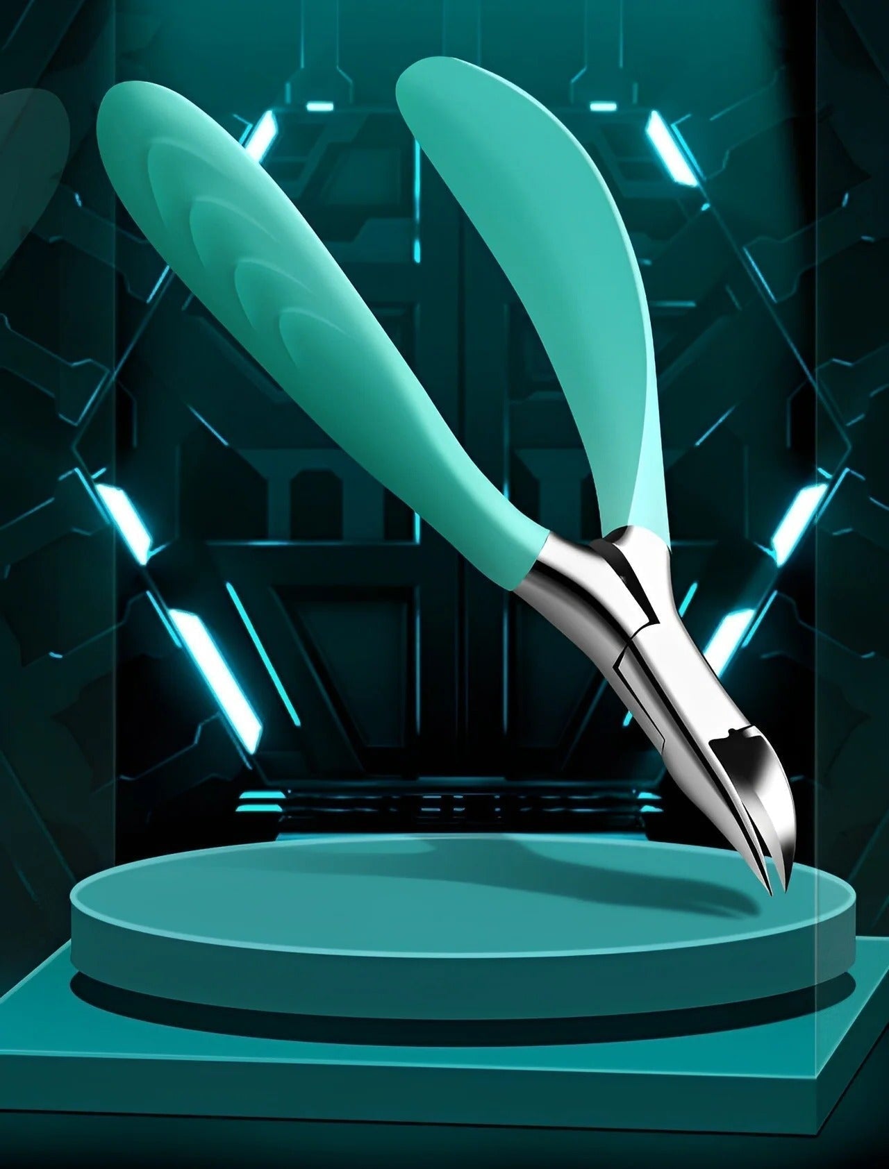 Pair of green-handled pliers on a teal platform with a futuristic background