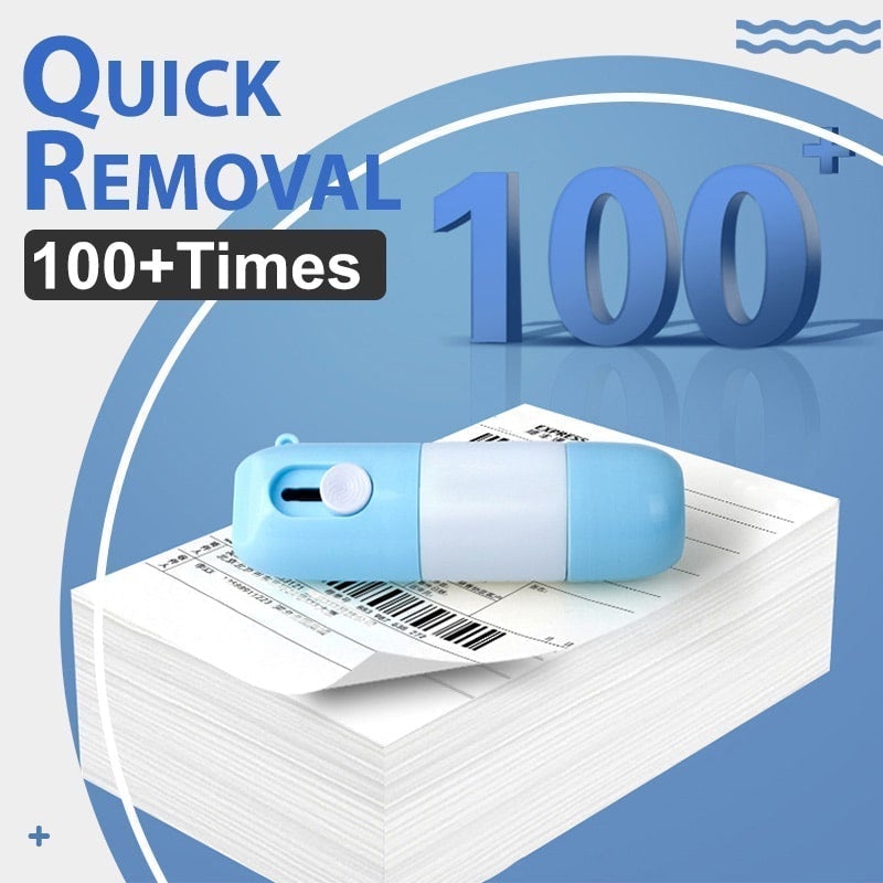 Blue and white device on a stack of paper with 'Quick Removal 100+ Times' text on a blue background