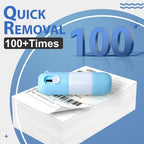 Blue and white device on a stack of paper with 'Quick Removal 100+ Times' text on a blue background