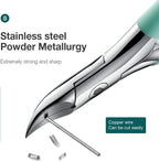 Stainless steel cutting tool with text about powder metallurgy and copper wire cutting capability.