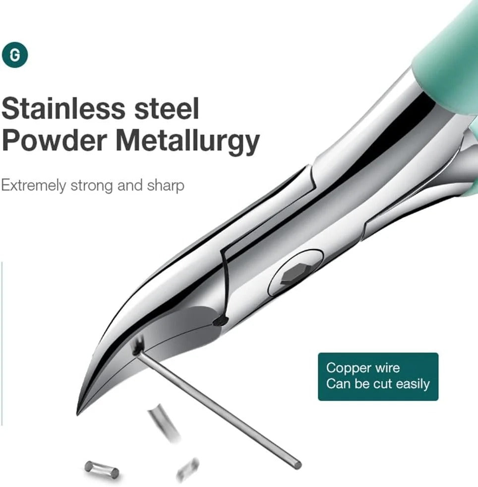 Stainless steel cutting tool with text about powder metallurgy and copper wire cutting capability.