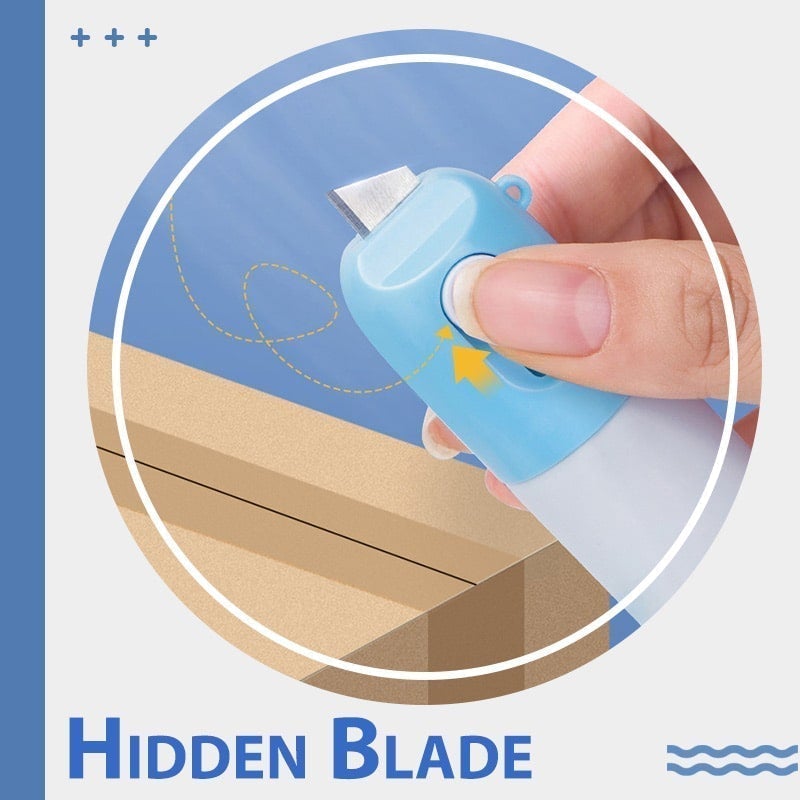 Small blue blade held by a hand with a wooden surface in the background, labeled 'Hidden Blade'.
