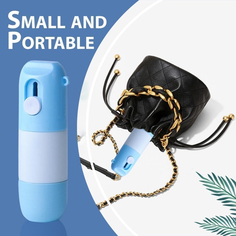 Small and portable blue and white device with a black pouch on a blue background
