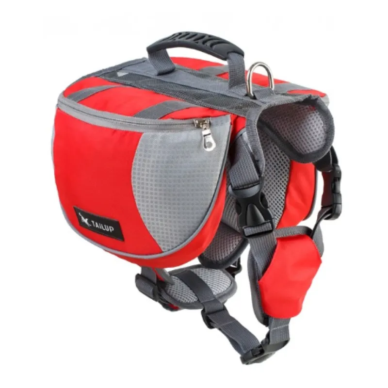 Red and gray dog harness with a visible brand logo on a white background