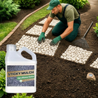 Person working on a garden bed with a bottle of 'Sticky Mulch' in the foreground.