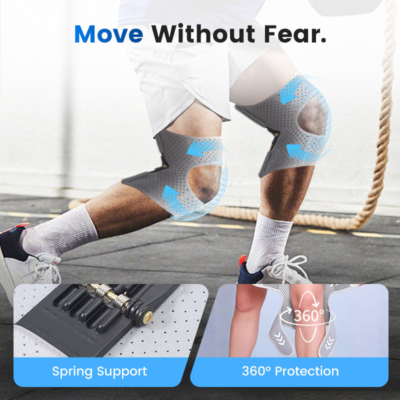 Person wearing knee support with text 'Move Without Fear' and product features highlighted.