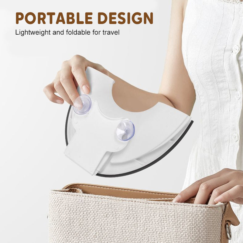 Portable iron being held by a person with text highlighting its lightweight and foldable design for travel.