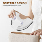 Portable iron being held by a person with text highlighting its lightweight and foldable design for travel.