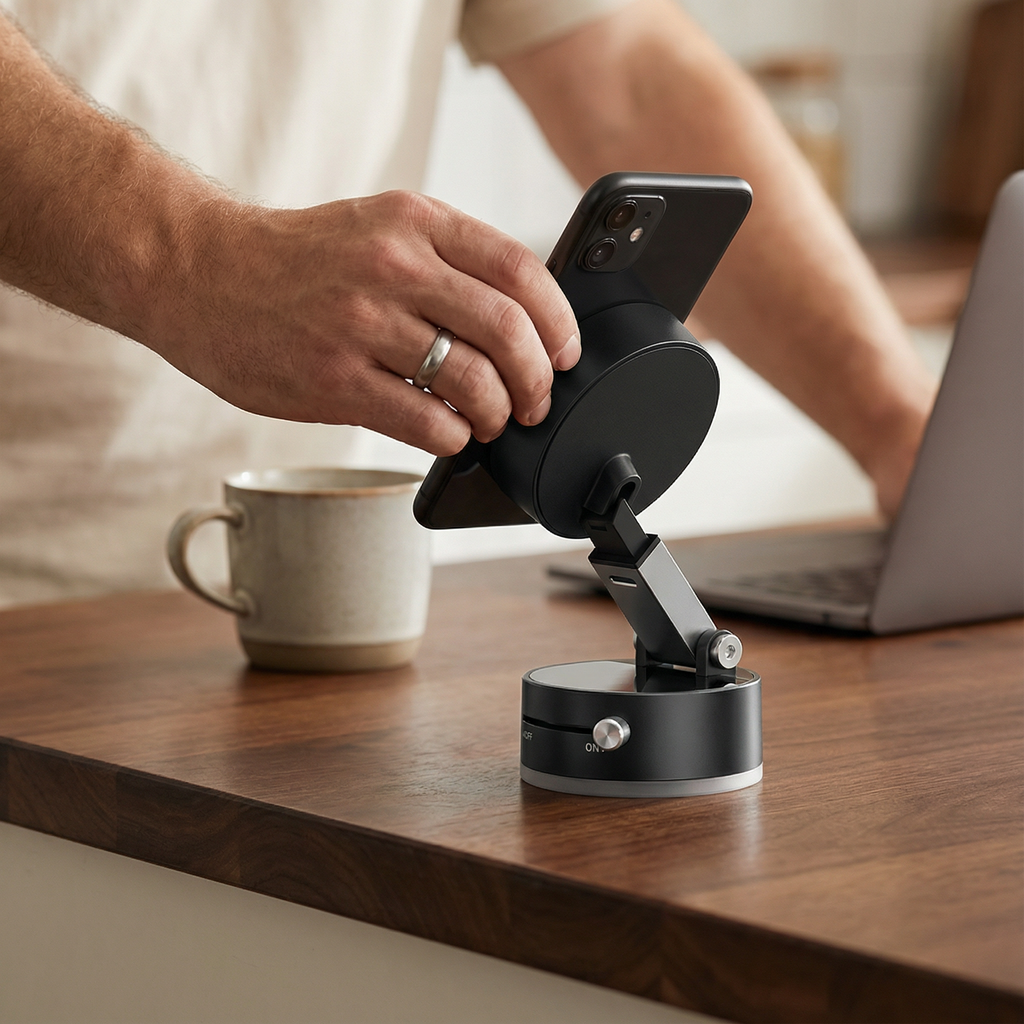 Person using a phone holder on a wooden table with a cup of coffee and laptop in the background