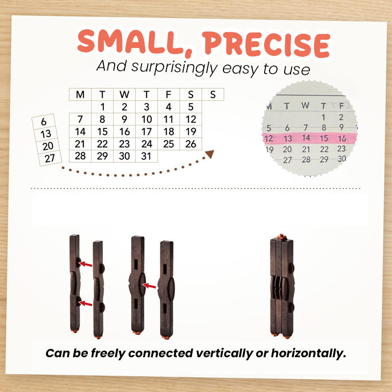 Calendar with wooden clips and text on a wooden background