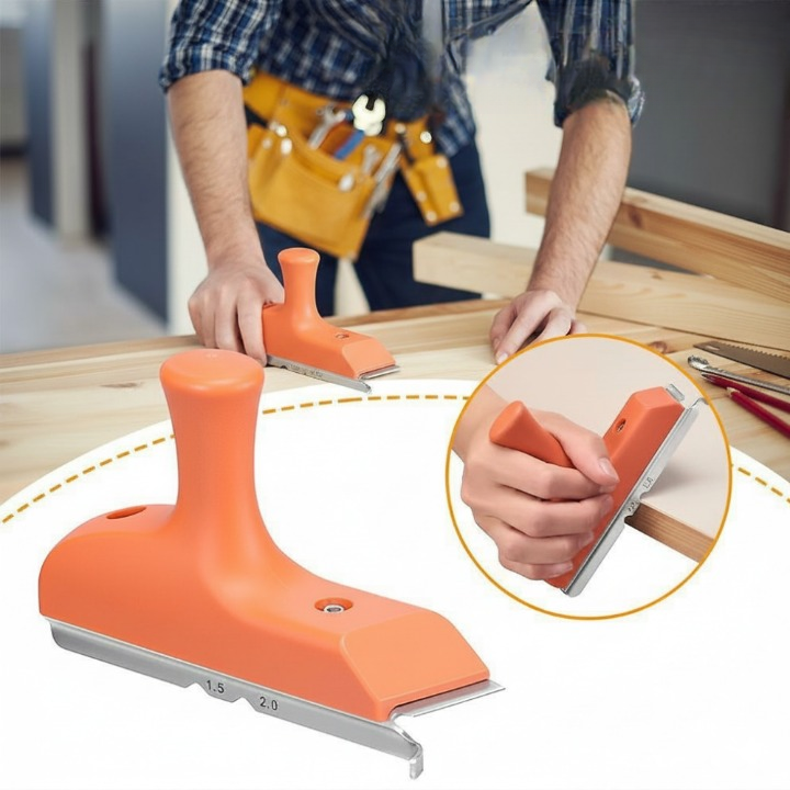 Orange tool being used on a wooden surface with a close-up inset showing the tool in action.