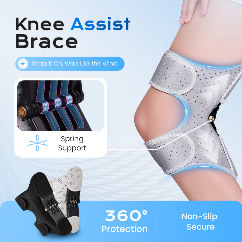 Knee assist brace with spring support feature on a light blue background