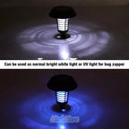 Solar lamp emitting white light at the top and blue UV light at the bottom on a dark background.