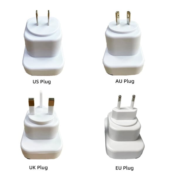 Four white plug adapters labeled for US, AU, UK, and EU plugs on a white background.
