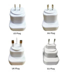Four white plug adapters labeled for US, AU, UK, and EU plugs on a white background.