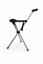 Black folding stool with a handle on a white background