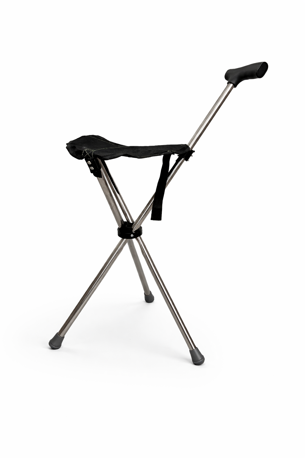 Black folding stool with a handle on a white background