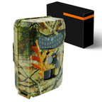 Camouflage-patterned trail camera with a black box on a white background