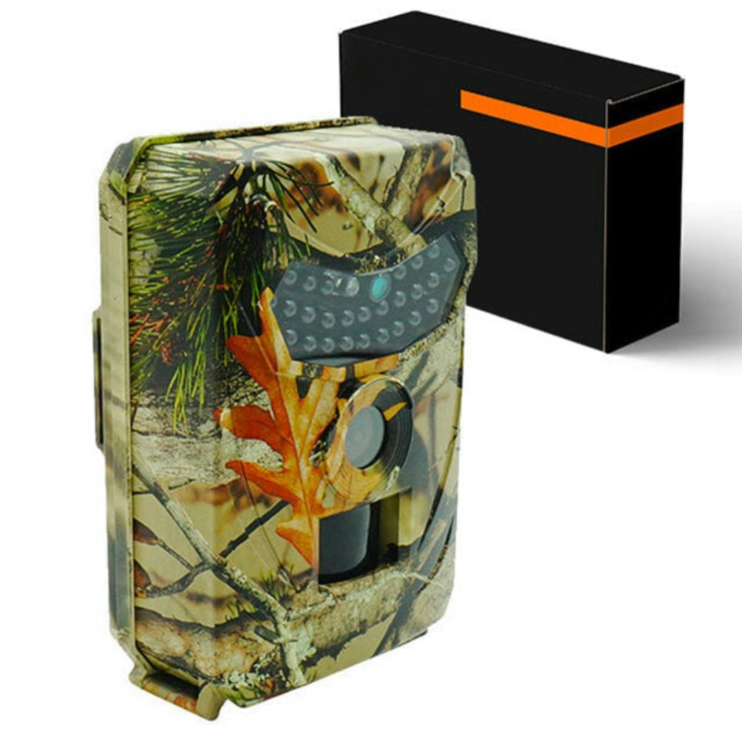 Camouflage-patterned trail camera with a black box on a white background