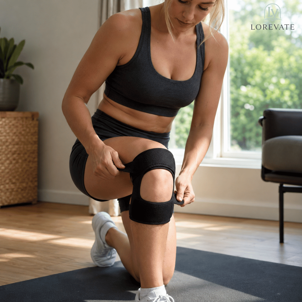 Woman exercising with a knee brace in a home setting, wearing a black sports bra and shorts.
